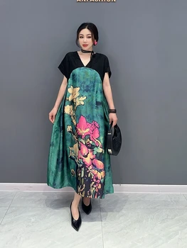 SuperAen 2023 Verão Novo Estilo coreano com decote em V Casual Patchwork Vestido de Moda feminina Manga Curta Vestido Maxi