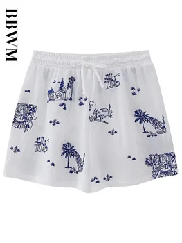 2023 Bordado Shorts de Cintura Elástica de Bermuda Shorts Mulher Meados de da Cintura Verão Shorts Mulheres Lace-up Casual Chic Feminino Calças Curtas