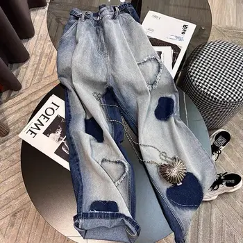 As mulheres o Amor de Patch de Cintura Alta Perna Reta Jeans Estilo de Rua Contraste Chic Design Casual Calças Femininas Grande Perna de Calça de algodão