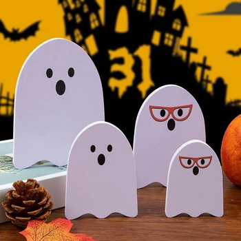 4 PCS Halloween Ghosts de Mesa, Decorações de Madeira Espírito de Artesanato de Ajuste Para o ponto Central Camadas Bandeja Janela Inicial