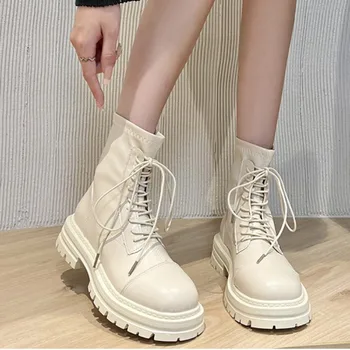 2023 Sapatos da Moda para as Mulheres Tornozelo Botas femininas Clássicos Modernos Botas de Mulheres de Costura Lace-up do Dedo do pé Redondo Zip Med Calcanhar Sapatos de Senhoras