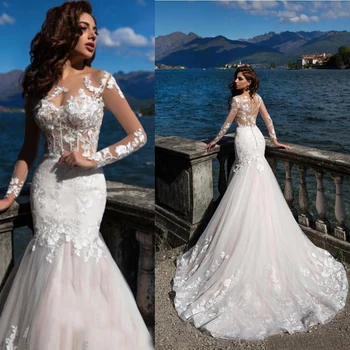 Elegante Branco/Marfim Vestido de Noiva Sereia 2023 Tecido de Renda Querida Mangas compridas Vestido Vestidos Plus Size vestidos de noiva