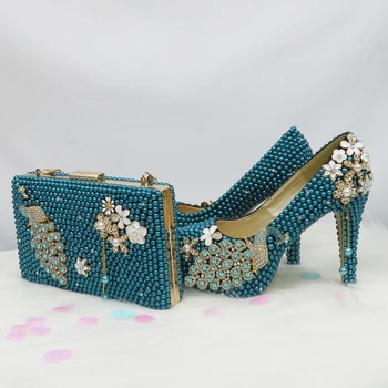 Verde cinza Azul Pérola de casamento sapatos combinando com sacos de noiva, sapatos de salto Alto sapatos de plataforma Redonda Toe de Moda de Sapato e Bolsa Conjunto de Dedo do pé Redondo