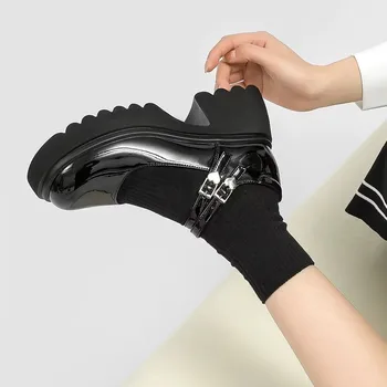 Vintage Saltos Altos Mary Jane Shoes para as Mulheres 2023 Couro de Patente Meados de calcanhar Mulher Grosso de Calçado Feminino Redondo Toe Sapatos