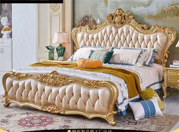 Estilo europeu cama de casal soft vivenda de luxo de 2 metros de 1,8 metro de couro, cama king-size quarto principal casamento cama de madeira maciça esculpida em ouro
