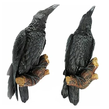 2PCS Raven Resina Estátua Pássaro Corvo Escultura ao ar livre Corvos Halloweens Decoração Para o Jardim do Pátio Animal Decoração
