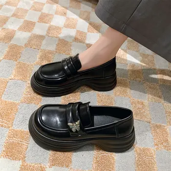 Mulheres Sapatos de Plataforma Estilo Britânico de Outono Oxfords Modis Feminino, Calçado de Tamancos de Mauricinho Queda de Couro 2023 Vestido Novo Básica PU Med