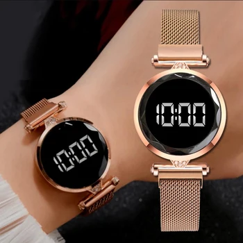 Luxo Digital Ímã Relógios Para Mulheres de Ouro Rosa em Aço Inoxidável Vestido de Relógio Quartzo Feminino Relógio Relógio Feminino drop shipping