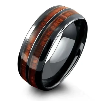 Um vintage 8mm /0,31 em aço inoxidável chapeado anel em um faux madeira cor Universal casal anel de jóias para homens e mulheres