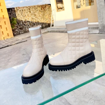Novos Sapatos De Inverno Para A Mulher Couro Genuíno Do Dedo Do Pé Redondo Senhoras Meados De Bezerro Botas De Televisão Designer De Plataforma Ankle Boots Zapatillas Mujer