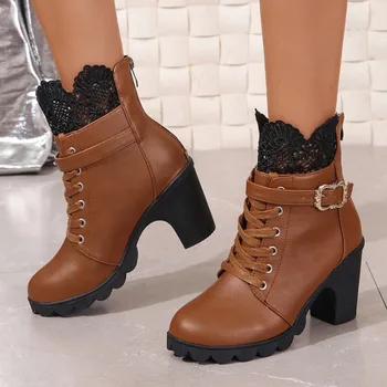 2024 Chelsea Boots de Retalhos de Ocos de Renda das Mulheres Lolita Sapatos de Plataforma Robusta de Salto Alto Laço no Tornozelo Goth Botas De Mulher PU1