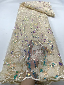 Mais recente francês Malha Soft Bordado de Lantejoulas Tecido do Laço 3D Flor Africana, Nigéria Tule Net Laço de Tecido Para o Vestido de Casamento de Costura
