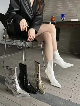 Patente De Couro Mulheres Ankle Boots Dedo Apontado Chelsea Botas Finas E Salto Alto Vestido De Verão De Sapatos Do Lado Do Zíper Preto Ouro Branco 39