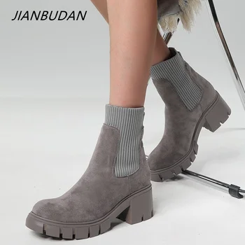 nubuck Ankle Boots de Camurça Couro mulher Plataforma de Curto Botas de Senhoras sapatos da Moda Outono Inverno antiderrapante Botas 35-43
