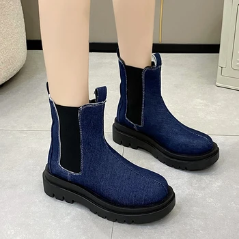 2023 Outono de Jeans, Botas Chelsea para as Mulheres a Moda Azul Plataforma Ankle Boots Mulher Slip-On de Espessura Inferior a Curto Botas para Mulher
