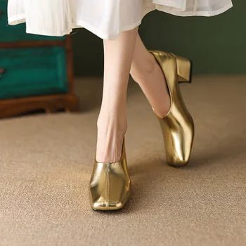 Phoentin Clássico de Prata de ouro Bombas de Mulheres básica Dedo do pé Quadrado Sapatos elegantes office Salto alto de Deslizamento Em Sapatos plus tamanho 42 FT2718