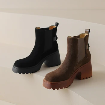 2023 novo Outono inverno Mulheres tornozelo botas de couro natural 22-25cm camurça de vaca+porco moderno botas fivela grossa calcanhar botas chelsea