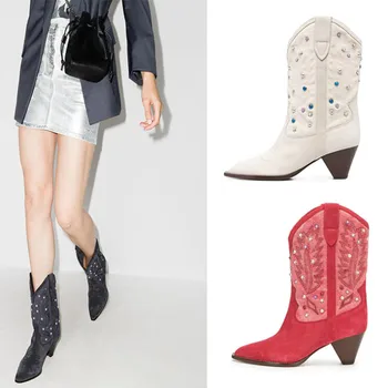 O outono e o Inverno, as Mulheres do Tornozelo Botas de Cowboy Western Boots de Moda Retro Botas femininas Europeu e Americano Botas Curtas