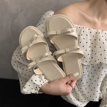 Estilo coreano de Fundo Plano Bowknot Sapatos femininos 2023 Verão de Moda de Nova Conforto Sola Macia Praia Chinelos Mulheres Zapatos De Mulher
