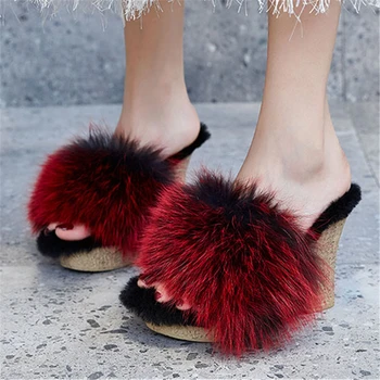 Moda Red Fox Fur Mulheres, Plataforma de Bombas de Sola Grossa Cunha Chinelos de Inverno Quente Luxuoso Mulas 11 cm de Salto Alto Peep Toe Slides