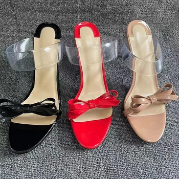 Festa de verão das Mulheres Sandálias Elegantes Bowknot Design de Salto Alto Dedo do pé Quadrado de PVC Transparente, Clara Slipers
