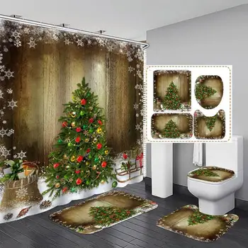 Natal Cortina de Chuveiro Conjunto Impermeável Árvore de Natal Cortina de Banheiro Com a de U Mat ToiletLid Tampa Tapete de casa de Banho Acessórios de Banho