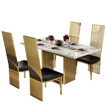 Luz de Luxo de Móveis de Metal Conjunto de Jantar De 6 Lugares Comedor de Ouro Mesa de Jantar de Mármore e Cadeiras