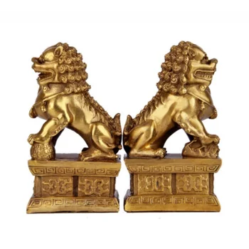 15cm Antigo Leão de Bronze da Estátua Fu Fu Cão Feng Shui Portão do Leão Guarda Estátua Par