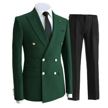 Slim Fit Formal, os Homens de Ternos Verde Casaco, uma Calça Preta Double Breasted Traje de Luxo Blazer Terno de Moda de Duas peças Jaqueta Calças