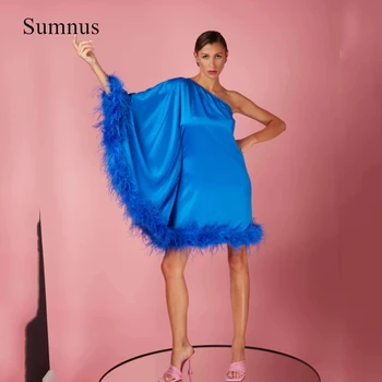 Sumnus Chique Azul Mini Vestidos De Festa De Um Ombro Mangas Compridas Vestido De Baile De Cetim Penas Festa Vestidos De 2023 Arábia Saudita