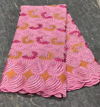 Cor-de-rosa Tuiss Dubai Algodão Africano Tecido de Renda 2023 Alta Qualidade Suíça em Voile de Laço com Pedras Nigéria Tecido para as Mulheres, Vestido P8062