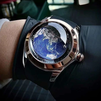 Luxo Terra Relógio Automático Moda Bolha de Vidro, Relógios de Homens de 46mm Mecânica Relógios de pulso Arte Olhos de Bola de Discagem Relógios KAFYASE 2023