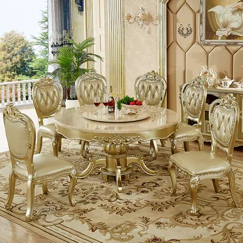 Restaurante mobiliário Europeu de madeira maciça mesa de mármore, com mesa giratória rodada Americana neoclássico champagne gold