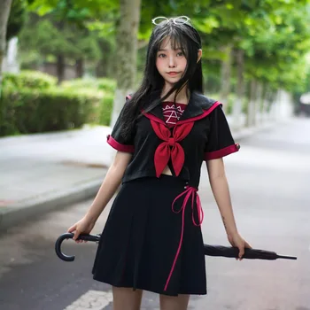Anime japonês Mágico JK Menina da Escola Uniforme Cosplay Traje de Senhoras de Preto roupa de Marinheiro de Manga Curta Empregada Roupa de Cima da Saia Definir