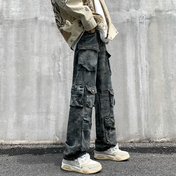 Camuflagem Calças Cargo os Homens de Multi-bolsos Táticas de Calça de Harajuku Mens Solto e Casual Calças de Rua ao ar Livre, Hip-hop, Esfregar Calças