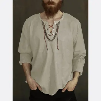 Os homens Medievais Pirata Viking Cosplay Camisa Vintage Casual com Capuz Cavaleiro de Linho Renascimento Trajes Nórdicos Túnica Curativo T-shirt
