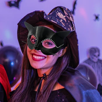 Gato preto Máscara com o Whiskers Animal Metade do Rosto de Máscara Elegante baile de Máscaras Máscara para Mostrar Noite de Festa do Clube Traje Adereços Cosplay