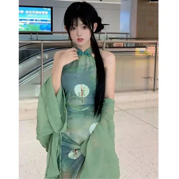 Chinês Vestido Retro Cheongsam Conjunto Impresso Halo Tingido Vestido de Ajuste Fino Envoltório Nádegas Qipao Xale Longo Casaco de Mulheres Conjunto de Roupas