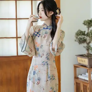 Chinês Vestido Qipao Primavera, Verão Estilo Chinês Novo Mulheres Orientais Vintage Vestido De Graciosa Floral Senhora De Vestido Cheongsam