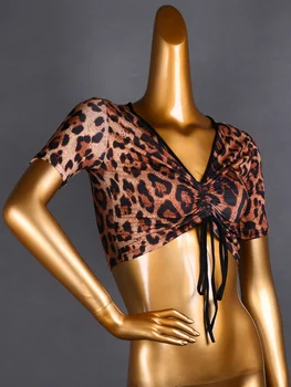 Leopard Samba Padrão de Danças Mulher Tops latino-Roupa Cordão de Dança do Ventre Traje Top de Manga Curta T-shirt de Esportes