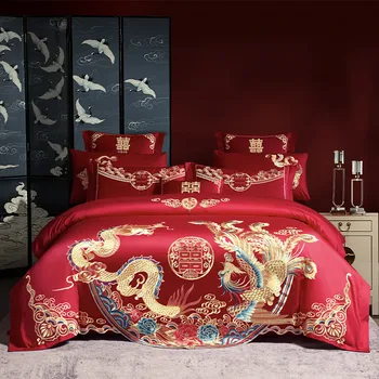Vermelho Estilo Chinês de Casamento de Luxo Conjunto de roupa de Cama 60 ANOS de Algodão Egípcio de Ouro Loong Phoenix Bordado de Capa de Edredão lençóis, Fronhas