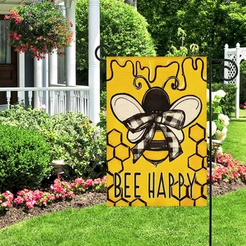 1PC Bee Happy Padrão de Linho de Algodão Jardim Bandeira Bandeira Interior para o Exterior Casa Jardim Decoração de Suspensão
