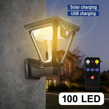 100 LED Solar da Lanterna Solar Exterior Parede de Luzes 2 Cor 360° Ângulo de Iluminação Solar Moiton sensor LawnLights com Carregamento USB