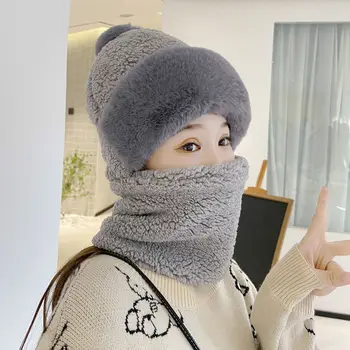 Inverno Mulheres de Pelúcia Chapéu com Capuz Aquecedor de Pescoço Máscara facial Sólido de Ouvido Integrado de Proteção à prova de Vento Chapéu Lenço Exterior Peles Bonnet