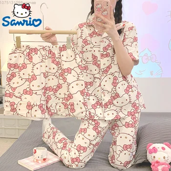 Sanrio Hello Kitty Kuromi Ponto 3 Pcs Pijama Conjuntos de Mulheres de Manga Curta, Shorts de Algodão Csual Oversize Casa, Conjunto de 3 peças de Roupa