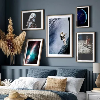 Astronauta Do Espaço De Explorar A Lua, A Terra Nebulosa Galaxy Arte De Parede De Lona Da Pintura Nórdica Cartazes Impressões De Parede Fotos De Decoração De Sala De Estar