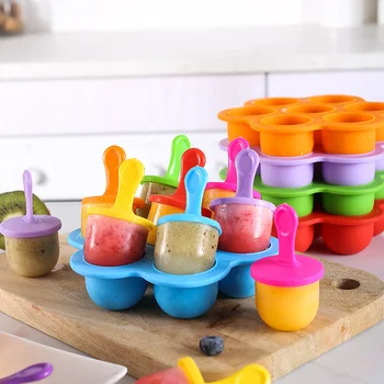 7 Furos DIY sorvete Pops Molde de Silicone Creme de Gelo Fabricante de Bola de Picolés Moldes do Bebê Frutas Agitação Casa, Acessórios de Cozinha Ferramenta
