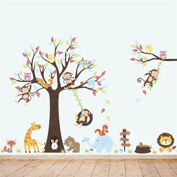 Animais De Árvore De Adesivo De Parede Para Quarto De Crianças Do Jardim De Infância De Decoração De Macaco, Girafa Elephant Safari Arte Mural Diy Casa De Decalque