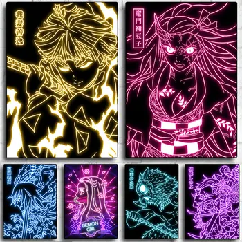 Estilo Neon Demon Slayer Cartaz Impressão Japão Anime Zenitsu Agatsuma Figura Tela De Pintura, Arte De Parede Imagem Sala De Estar Decoração De Casa