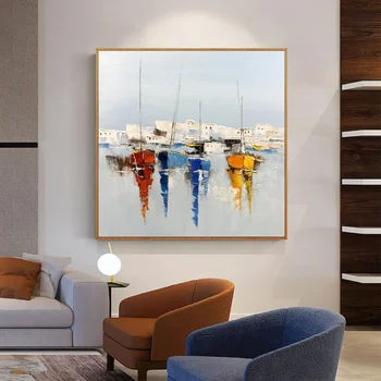 Colorido Barco a Vela, Pintura em Tela Grande Marinha Veleiro Pintura pôr do Sol de Arte de Arte de Parede de Empastamento Pintura Decoração de Sala de estar